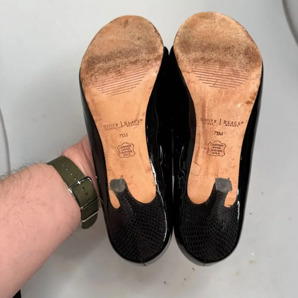 White House Black Market Black Leather Open-Toe Heel 3.5″ Size 7.5M Leather
